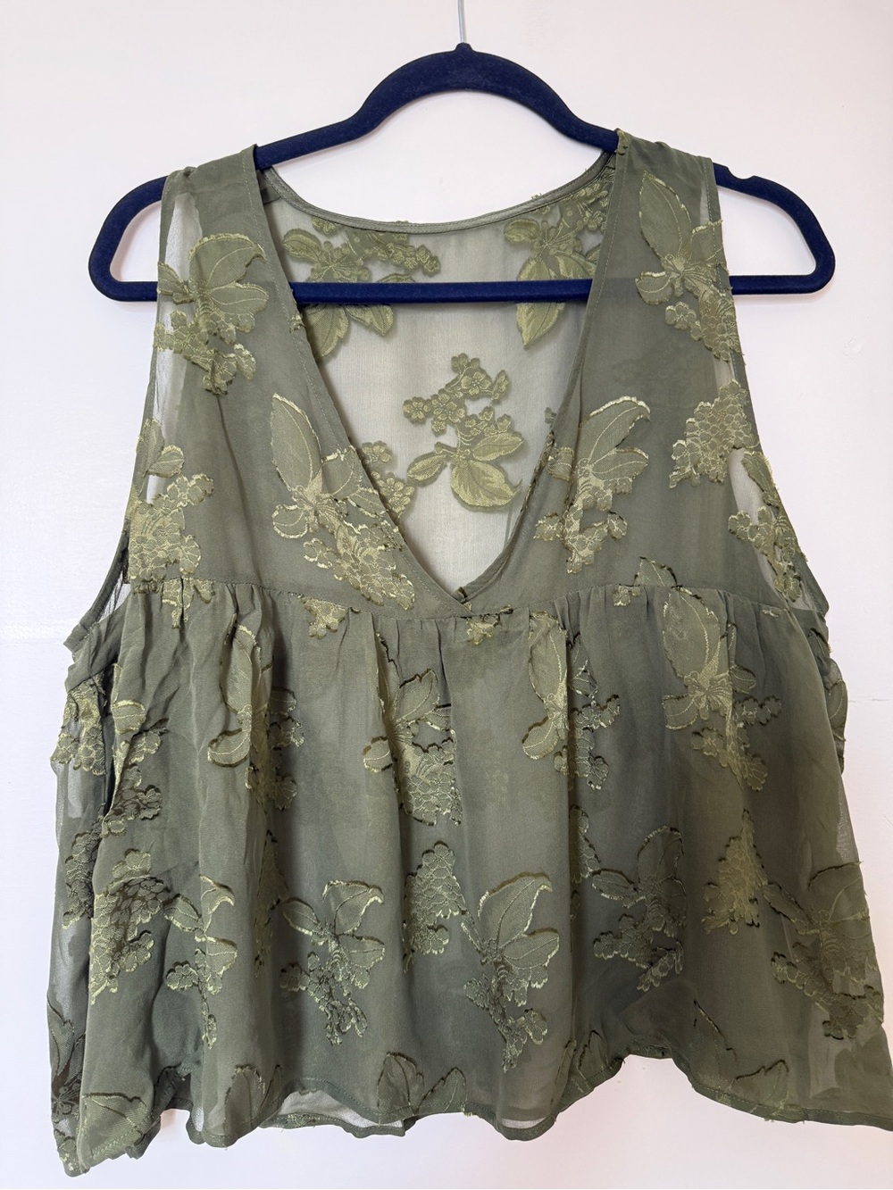 Women’s 100% Mulberry Silk Olive Green Embroidered Babydoll Blouse Top